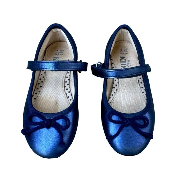 M&S Blue Ballet Flats Girls 8.5 US 25.5 Mary Jane Toddler Girl Shoes Bows - Picture 1 of 9